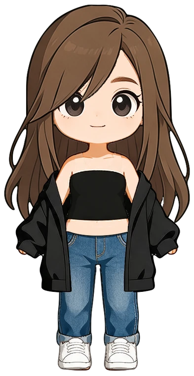 A chibi with side-swept brown hair in a black tube top, black jacket and jeans, standing on the rooftop