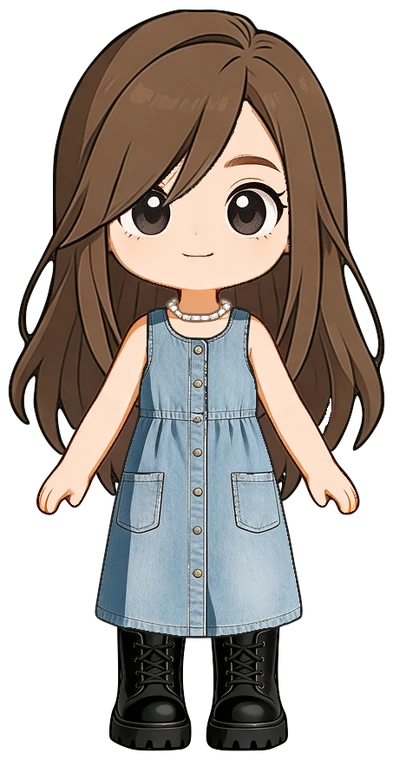 The same chibi in a denim dress, pearl choker and platform boots