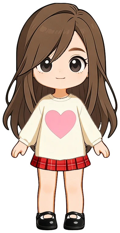 The same chibi in a cream heart sweater, plaid mini and Mary Janes