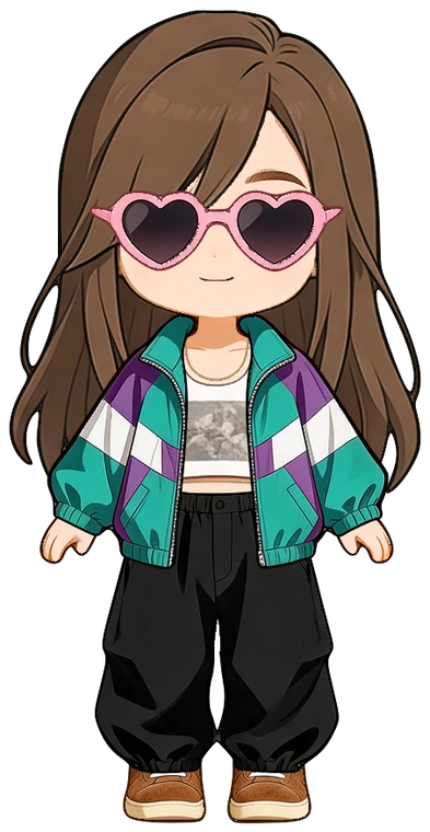 The same chibi in a retro windbreaker, parachute pants, suede sneakers and heart sunglasses